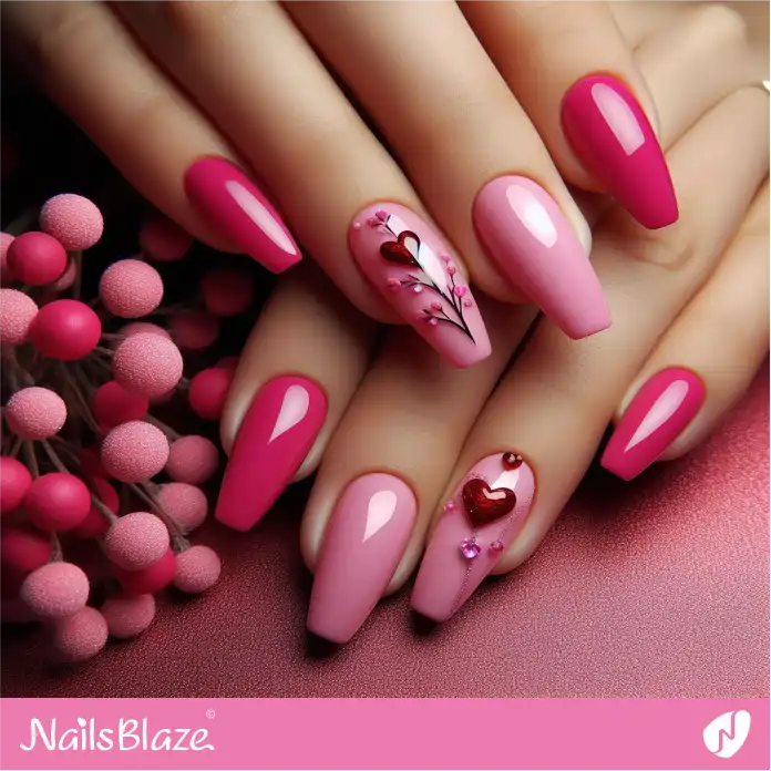 Coffin Pink Nails with Hearts and Flowers for Valentine | Valentine Nails - NB2637